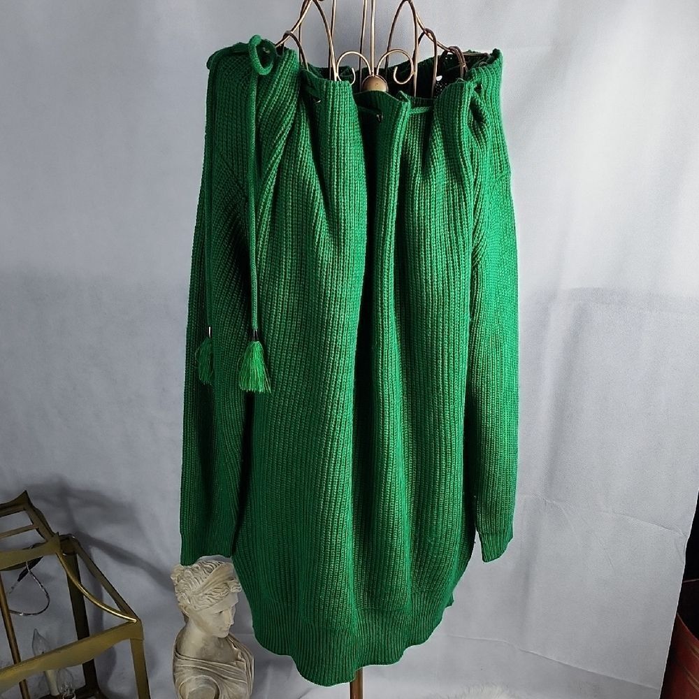 Green Chunky Knit Off or On Shoulder Drawstring Sweater